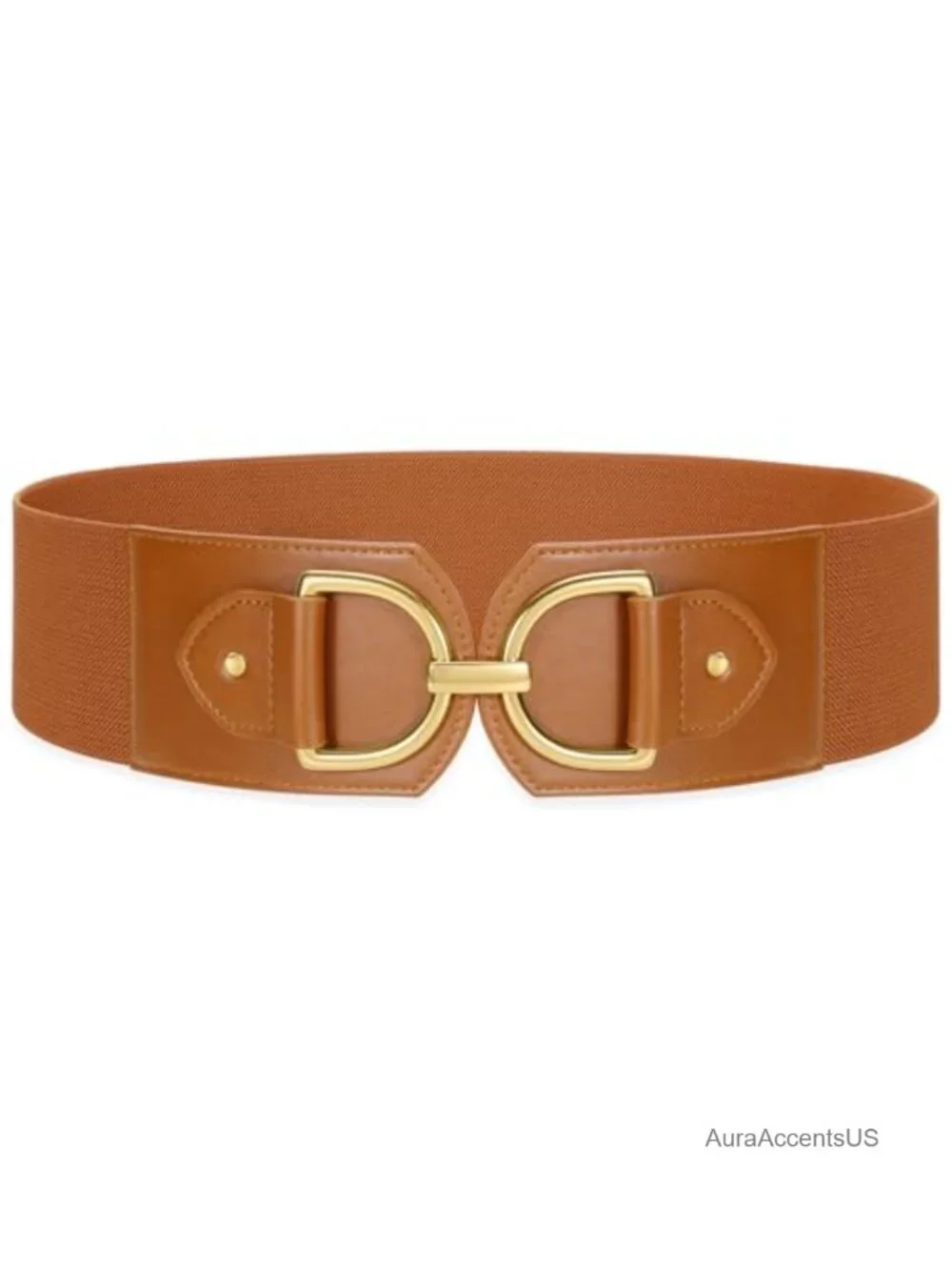 Faux Leather Wide Elastic Belt with Gold Buckle for Dresses